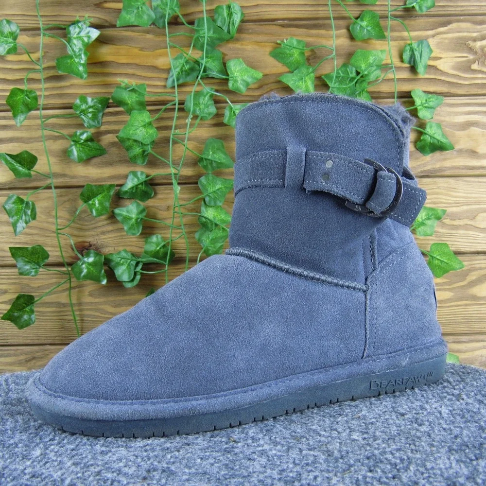 Bearpaw Tessa Womens 9 Gray Suede Shearling Lined Ankle Boots Buckle Winter Warm
